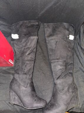 Avenue Black Suede-Look Wedge Knee Boots